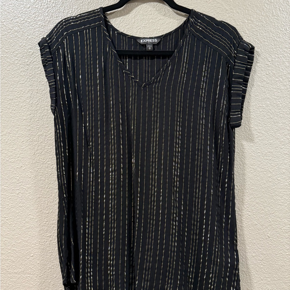 Express Black V-Neck Cap Sleeve Top with Gold Pinstripes